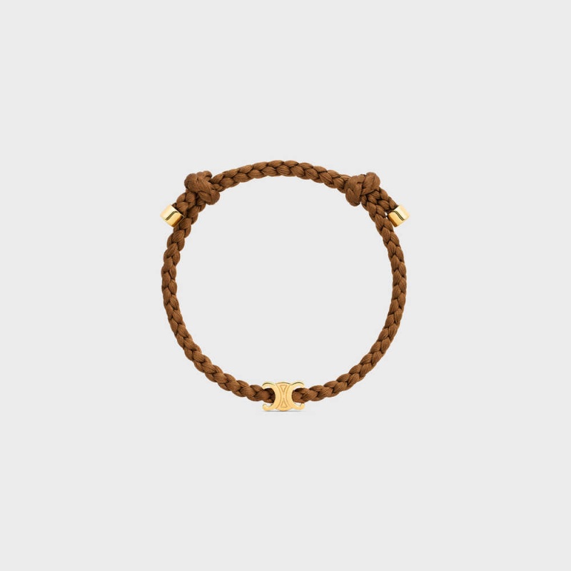 Celine Triomphe Beach in Brass with Gold Finish and Silk Bracelets Gold / Tan | CL-592201