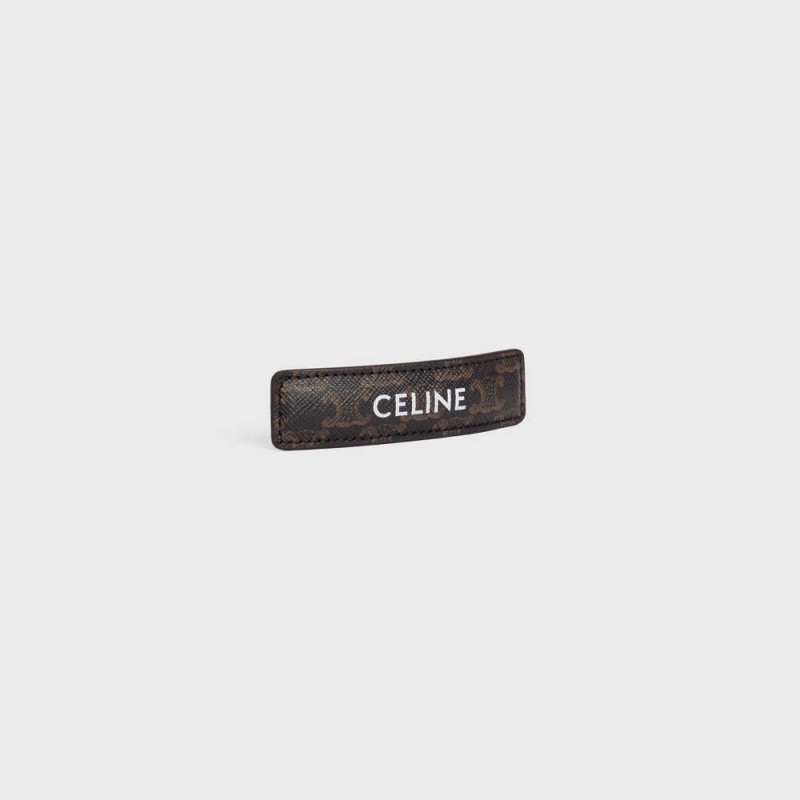 Celine Triomphe Canvas Hair Clip in Calfskin, Steel and Canvas Hair Accessories Gold / Tan | CL-592334