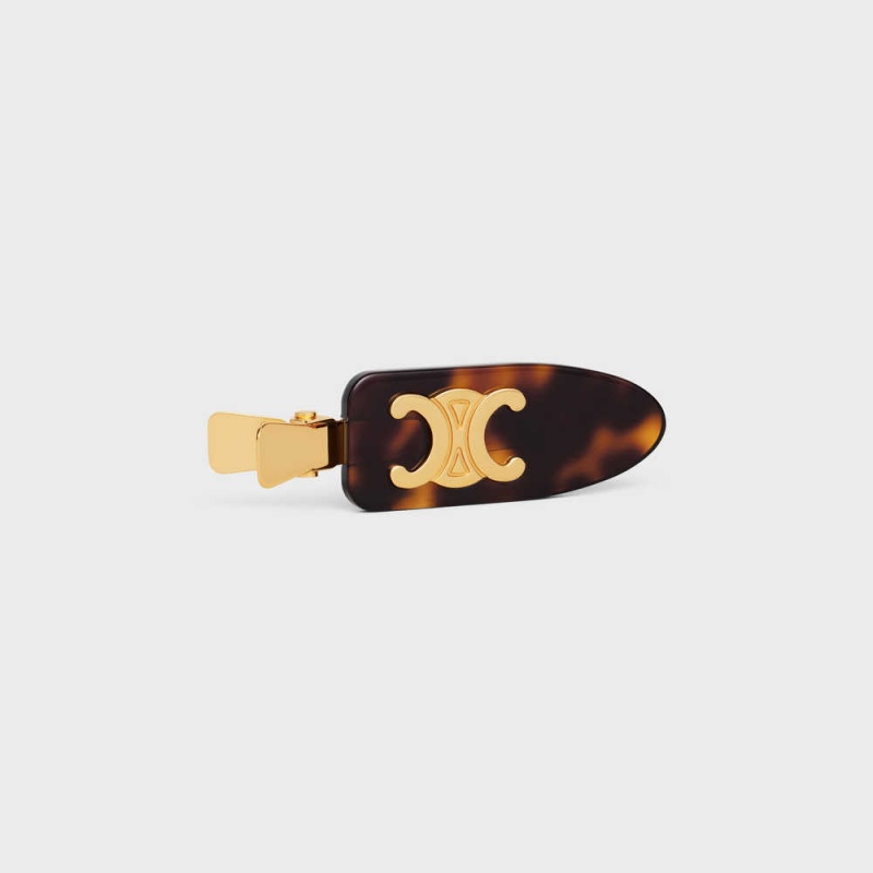 Celine Triomphe Flat Hair Clip in Dark Havana Acetate and Brass with Gold Finish and Steel Hair Accessories Dark Havana / Gold | CL-592322