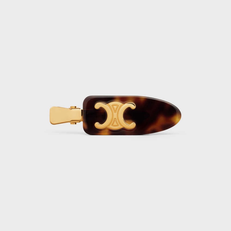 Celine Triomphe Flat Hair Clip in Dark Havana Acetate and Brass with Gold Finish and Steel Hair Accessories Dark Havana / Gold | CL-592322