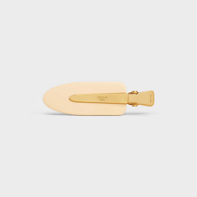 Celine Triomphe Flat Hair Clip in Vanilla Acetate and Brass with Gold Finish and Steel Hair Accessories Vanilla / Gold | CL-592323