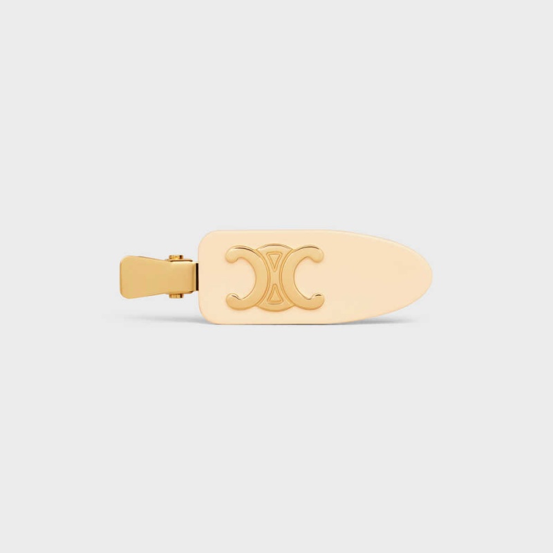 Celine Triomphe Flat Hair Clip in Vanilla Acetate and Brass with Gold Finish and Steel Hair Accessories Vanilla / Gold | CL-592323