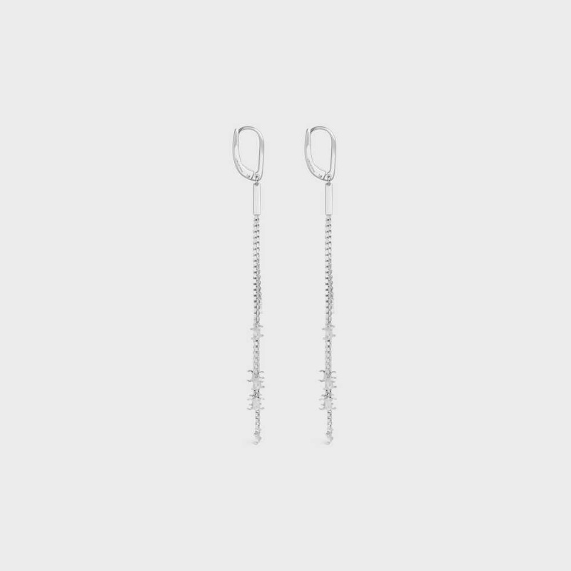 Celine Triomphe Folk Fringe in Brass with Rhodium Finish Earrings Silver | CL-592300