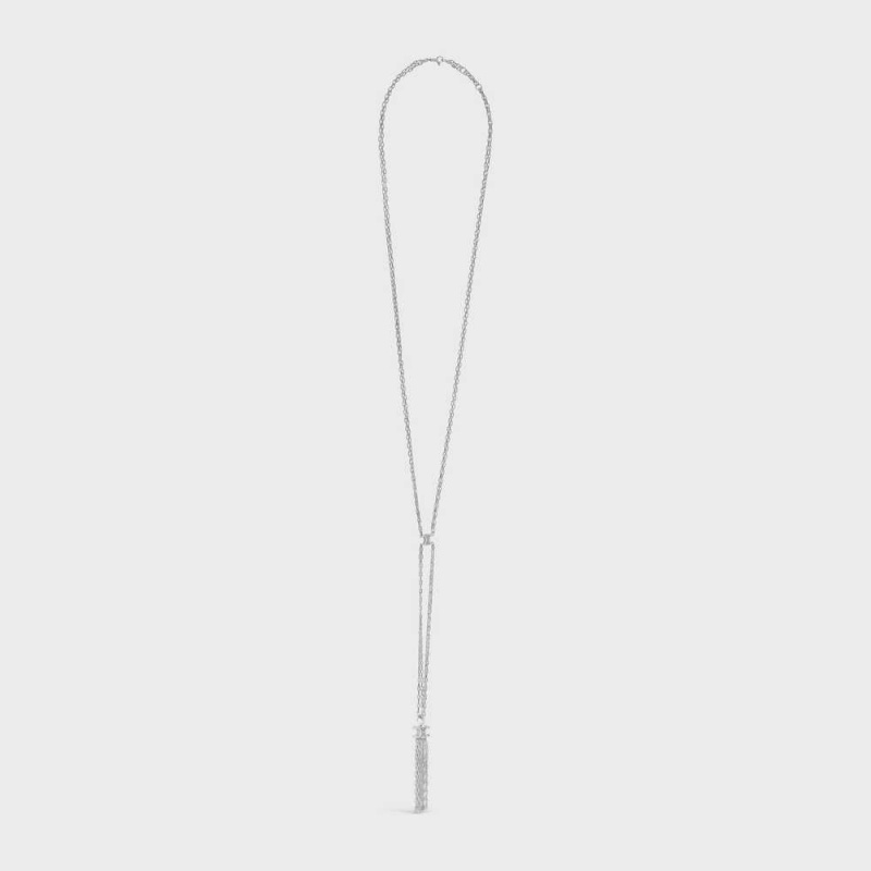 Celine Triomphe Folk Tie Long in Brass with Rhodium Finish Necklaces Silver | CL-592243