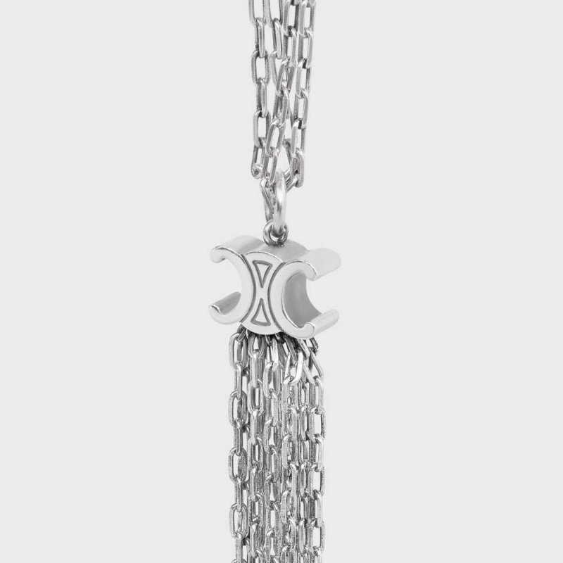 Celine Triomphe Folk Tie Long in Brass with Rhodium Finish Necklaces Silver | CL-592243