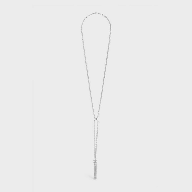 Celine Triomphe Folk Tie Long in Brass with Rhodium Finish Necklaces Silver | CL-592243