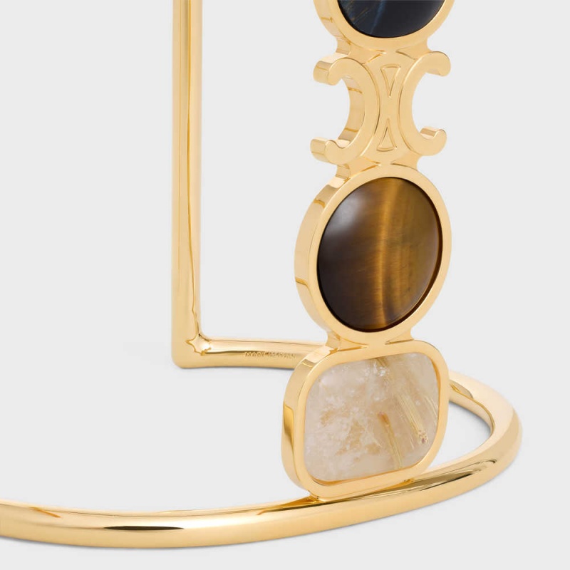 Celine Triomphe Indie Cuff in Brass with Gold Finish, Rutilated Quartz, Tiger Eye and Hawk Eye Bracelets Gold & Multicolour | CL-592197