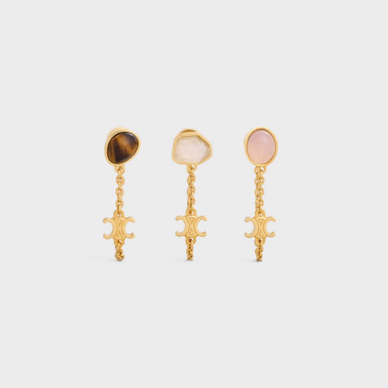 Celine Triomphe Indie Set of 3 in Brass with Gold Finish, Rutilated Quartz, Pink Quartz and Tiger Eye Earrings Gold & Multicolour | CL-592294