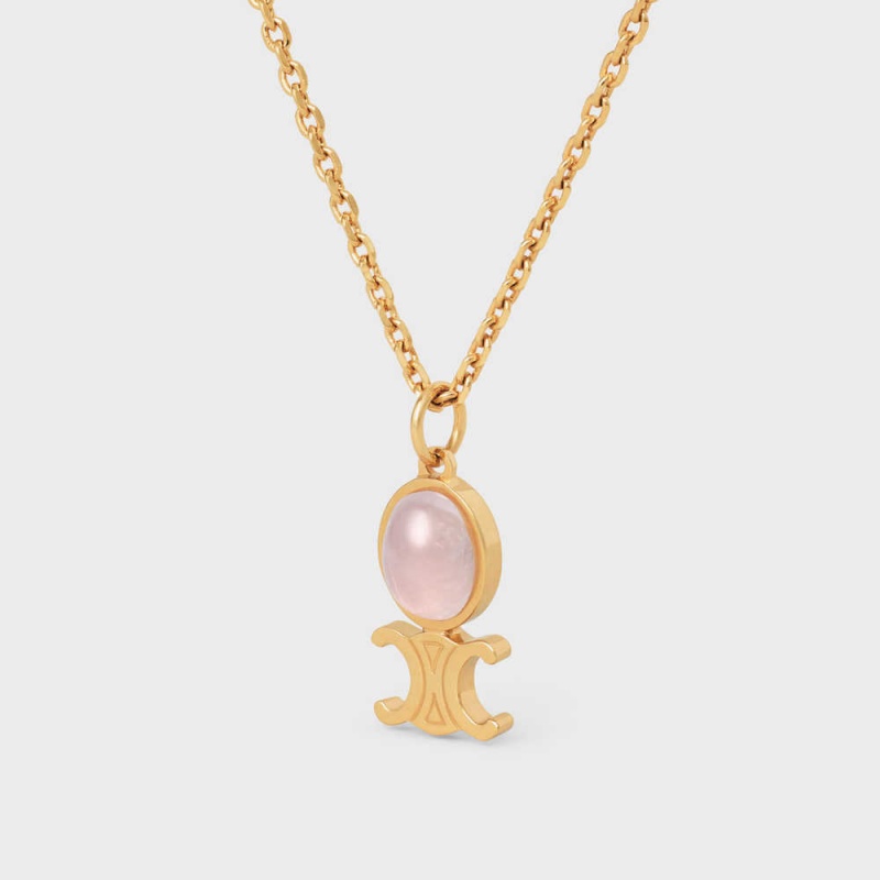 Celine Triomphe Indie Small in Brass with Gold Finish and Pink Quartz Necklaces Gold & Pink Quartz | CL-592240