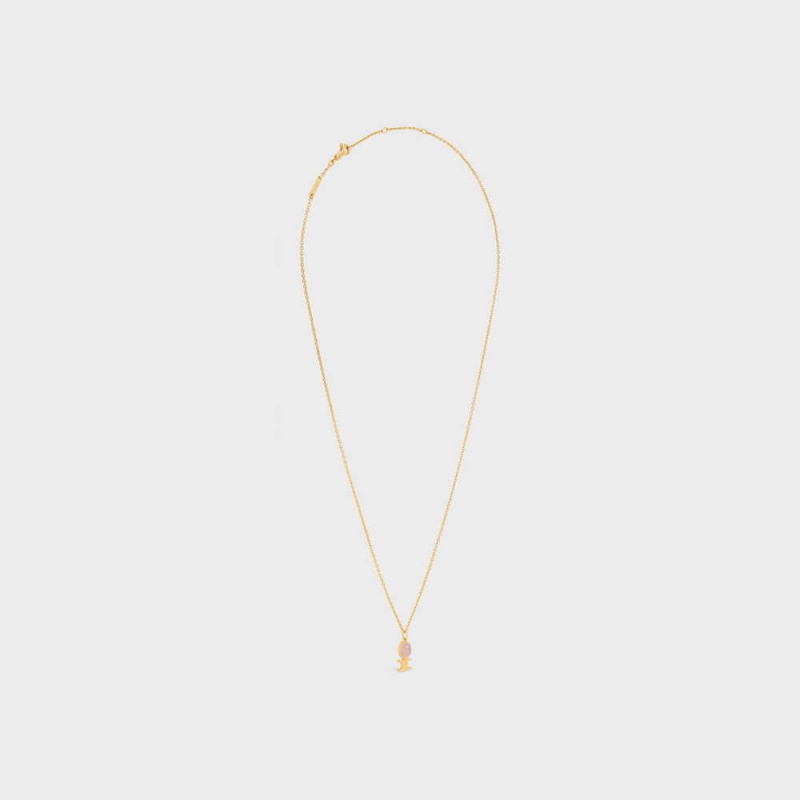 Celine Triomphe Indie Small in Brass with Gold Finish and Pink Quartz Necklaces Gold & Pink Quartz | CL-592240