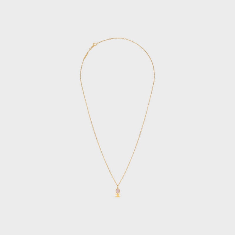 Celine Triomphe Indie Small in Brass with Gold Finish and Pink Quartz Necklaces Gold & Pink Quartz | CL-592240