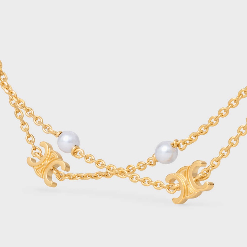 Celine Triomphe Pearl Double in Brass with Gold Finish and Resin Pearls Necklaces Gold / Ivory | CL-592241