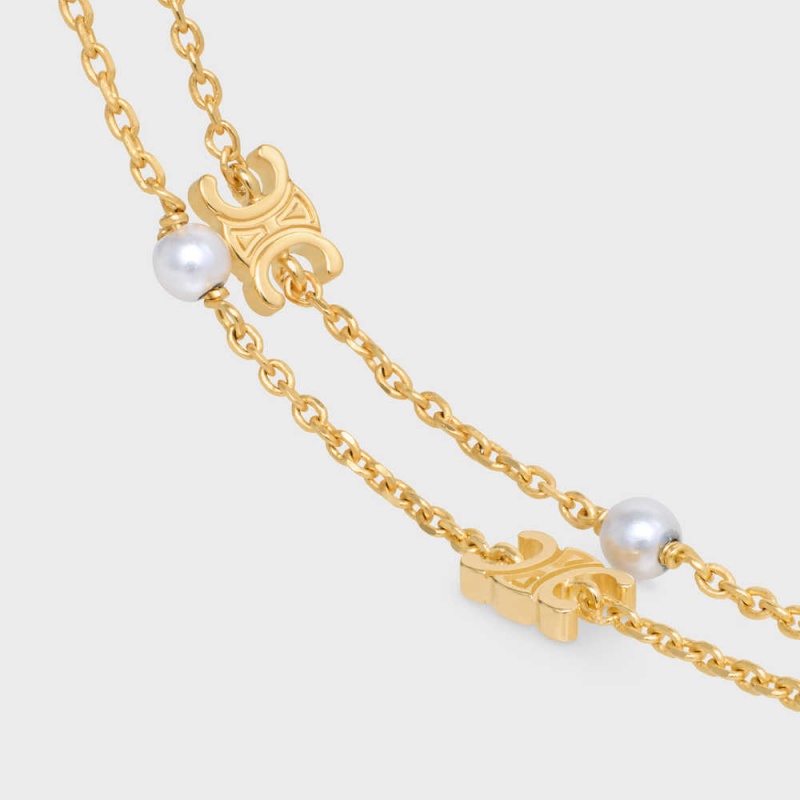 Celine Triomphe Pearl Double in Brass with Gold Finish and Resin Pearls Bracelets Gold / Ivory | CL-592236