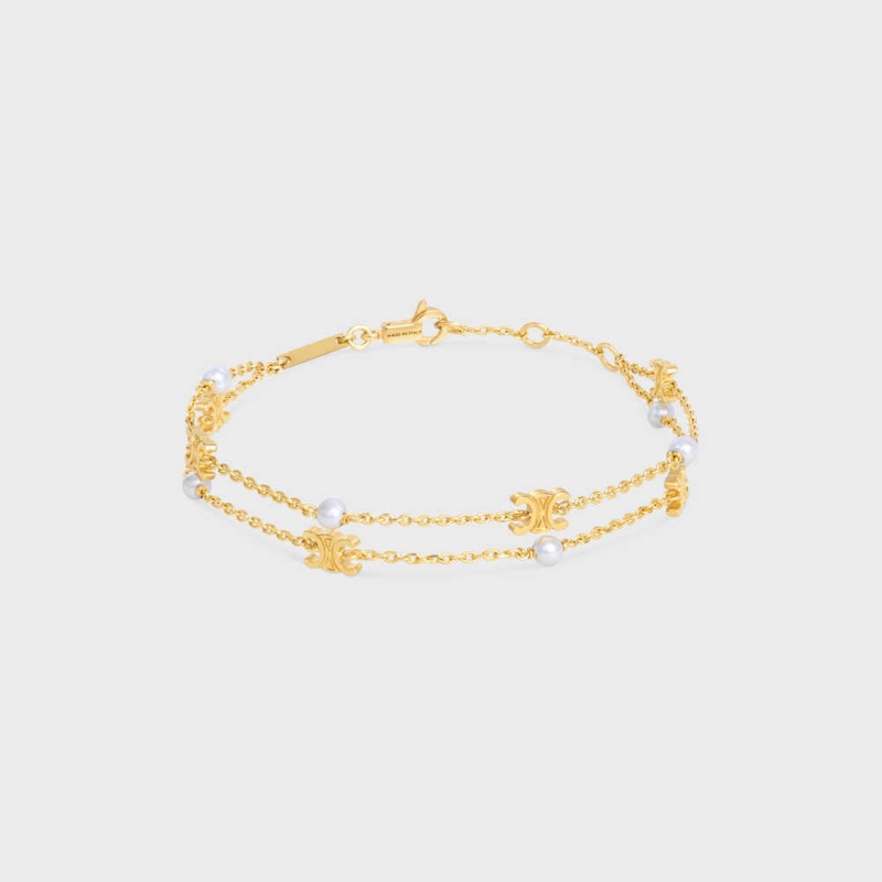 Celine Triomphe Pearl Double in Brass with Gold Finish and Resin Pearls Bracelets Gold / Ivory | CL-592236