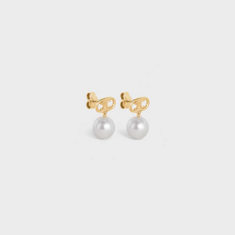 Celine Triomphe Pearl in Brass with Gold Finish and Glass Pearls Earrings Gold / Ivory | CL-592298