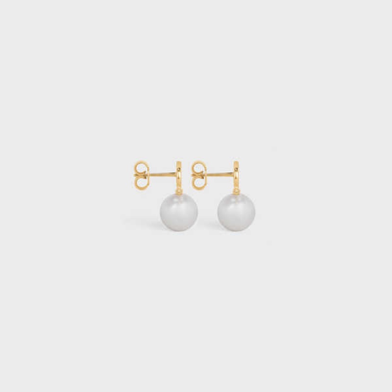 Celine Triomphe Pearl in Brass with Gold Finish and Glass Pearls Earrings Gold / Ivory | CL-592298