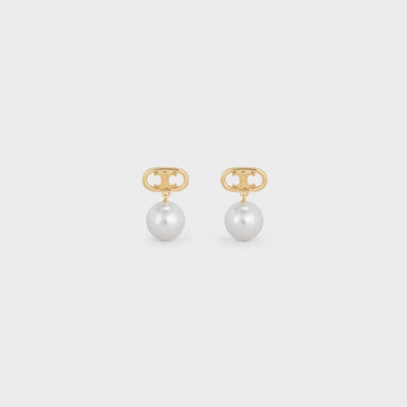 Celine Triomphe Pearl in Brass with Gold Finish and Glass Pearls Earrings Gold / Ivory | CL-592298