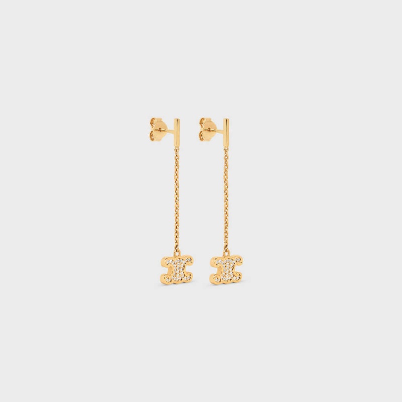 Celine Triomphe Rhinestone Long in Brass with Gold Finish and Crystals Earrings Gold | CL-592302