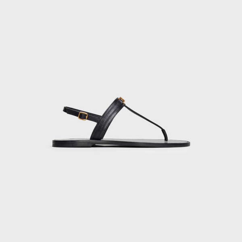 Celine Triomphe Thong in Vegetable - Tanned Calfskin Sandals Black | CL-592588