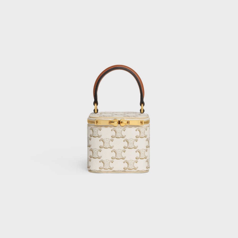 Celine VANITY CASE in Triomphe Canvas and Calfskin Mini Bags White/Tan | CL-593038