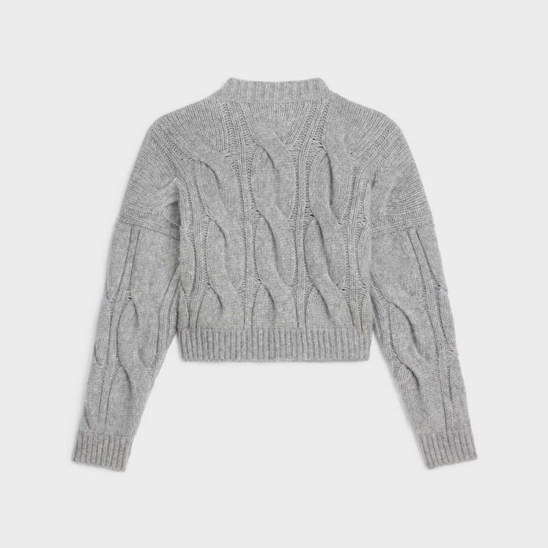 Celine V-neck in cable-knit Cashmere and silk Knitwear Light Grey | CL-592705