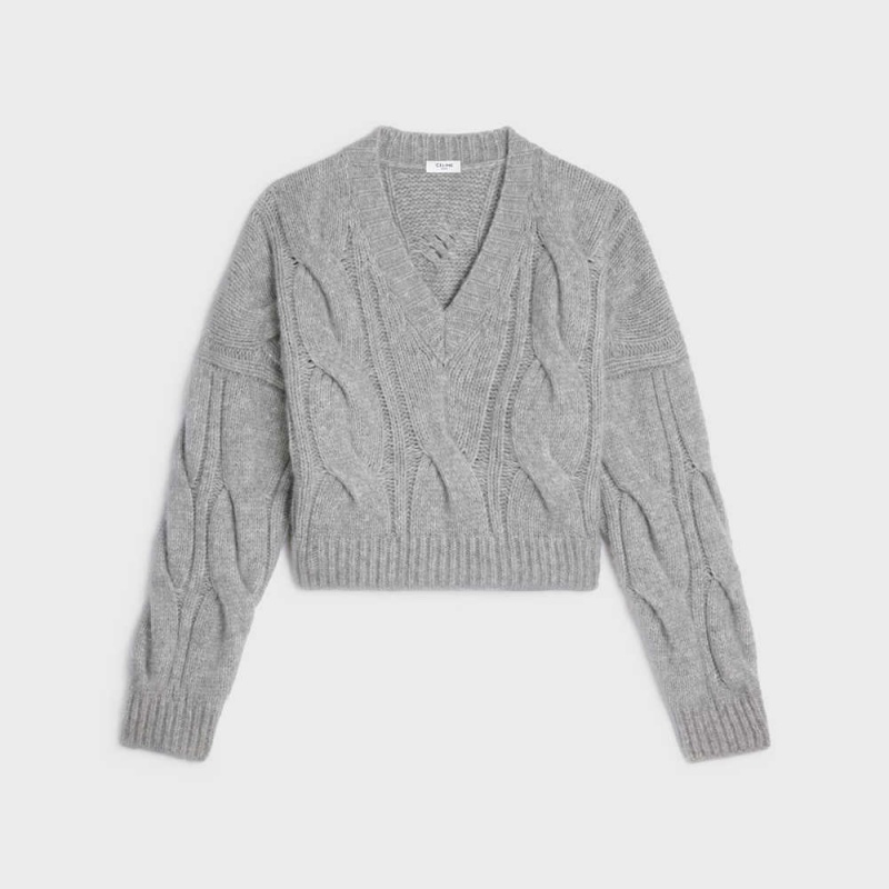 Celine V-neck in cable-knit Cashmere and silk Knitwear Light Grey | CL-592705