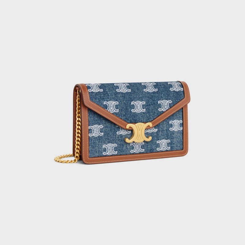 Celine WALLET ON CHAIN TRIOMPHE in DENIM WITH TRIOMPHE ALL-OVER EMBROIDERY AND CALFSKIN Mini Bags Navy / Tan | CL-593027