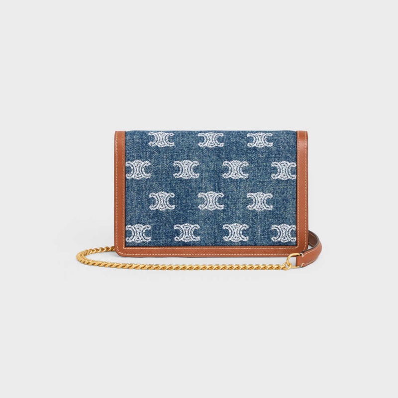 Celine WALLET ON CHAIN TRIOMPHE in DENIM WITH TRIOMPHE ALL-OVER EMBROIDERY AND CALFSKIN Mini Bags Navy / Tan | CL-593027