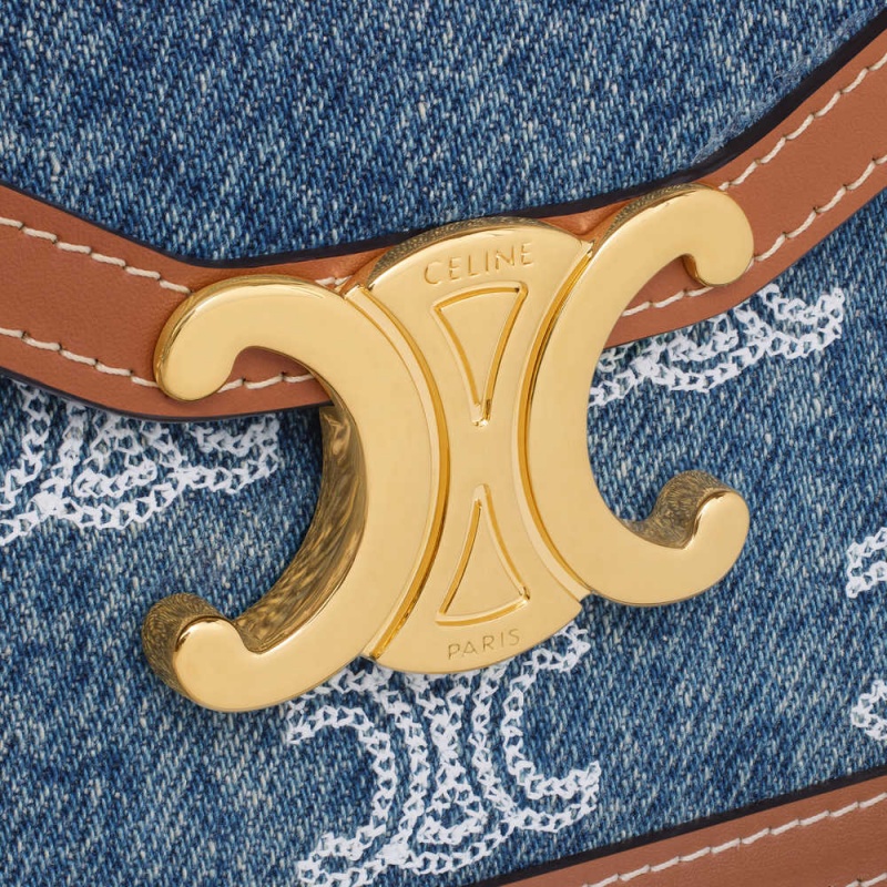 Celine WALLET ON CHAIN TRIOMPHE in DENIM WITH TRIOMPHE ALL-OVER EMBROIDERY AND CALFSKIN Mini Bags Navy / Tan | CL-593027