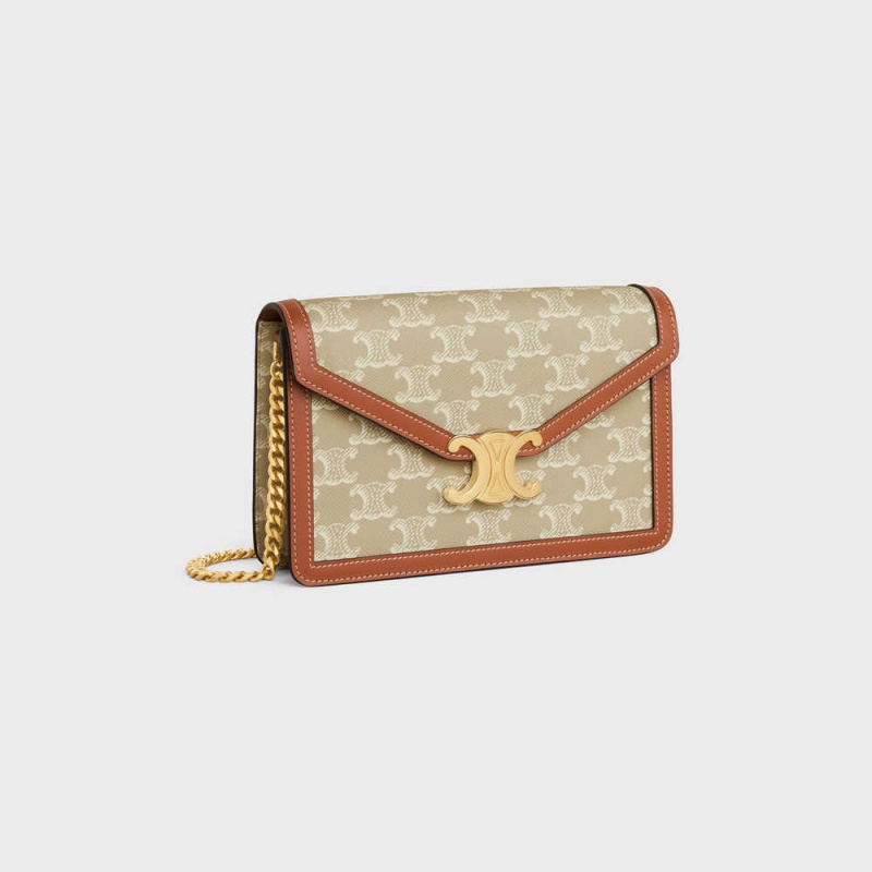 Celine WALLET ON CHAIN TRIOMPHE in TRIOMPHE CANVAS AND CALFSKIN Mini Bags Grege | CL-593026