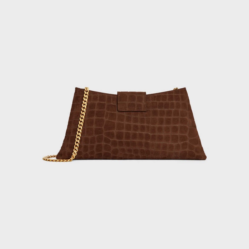 Celine WILTERN CLUTCH SOFT in CROCODILE EMBOSSED SUEDE CALFSKIN Triomphe Brown | CL-593176