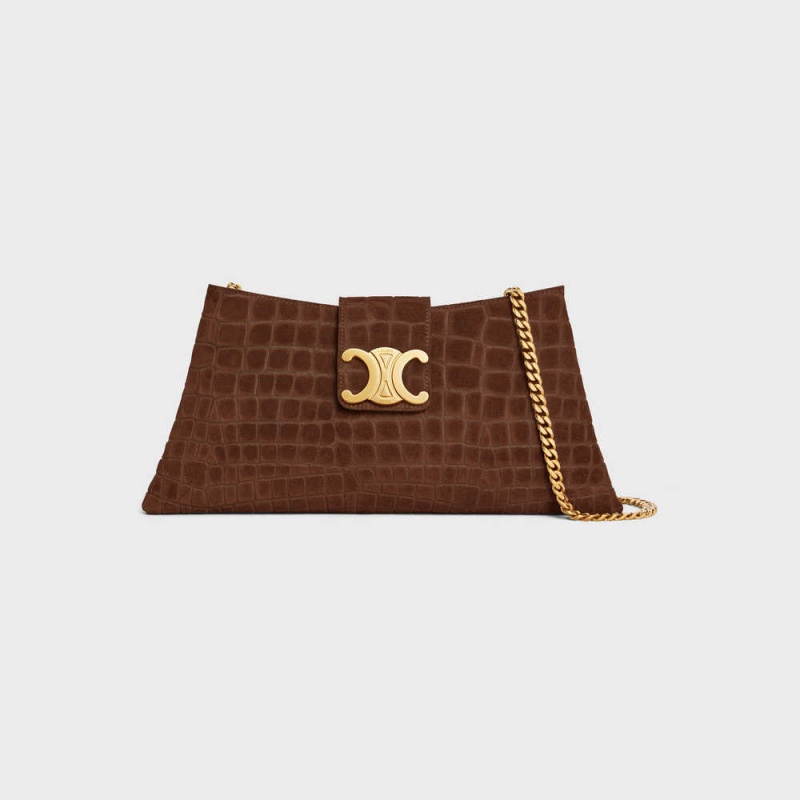 Celine WILTERN CLUTCH SOFT in CROCODILE EMBOSSED SUEDE CALFSKIN Triomphe Brown | CL-593176