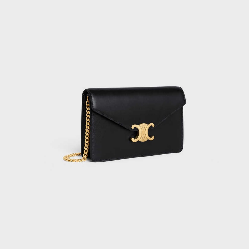 Celine Wallet on Chain TRIOMPHE in Shiny calfskin Mini Bags Black | CL-593021