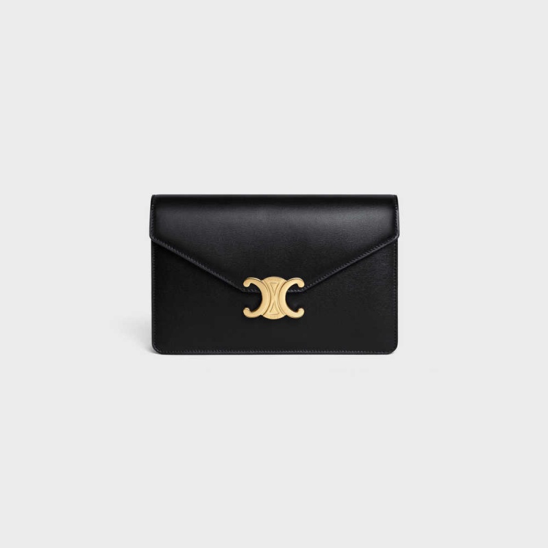 Celine Wallet on Chain TRIOMPHE in Shiny calfskin Mini Bags Black | CL-593021