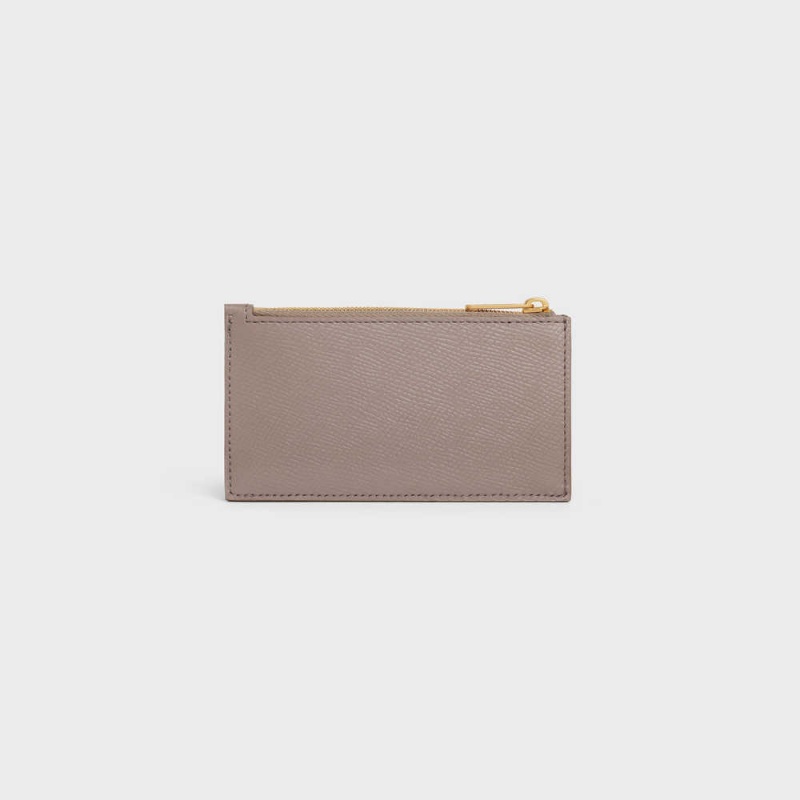 Celine ZIPPED COMPACT ESSENTIALS Grained Calfskin Card Holders Pebble | CL-592963