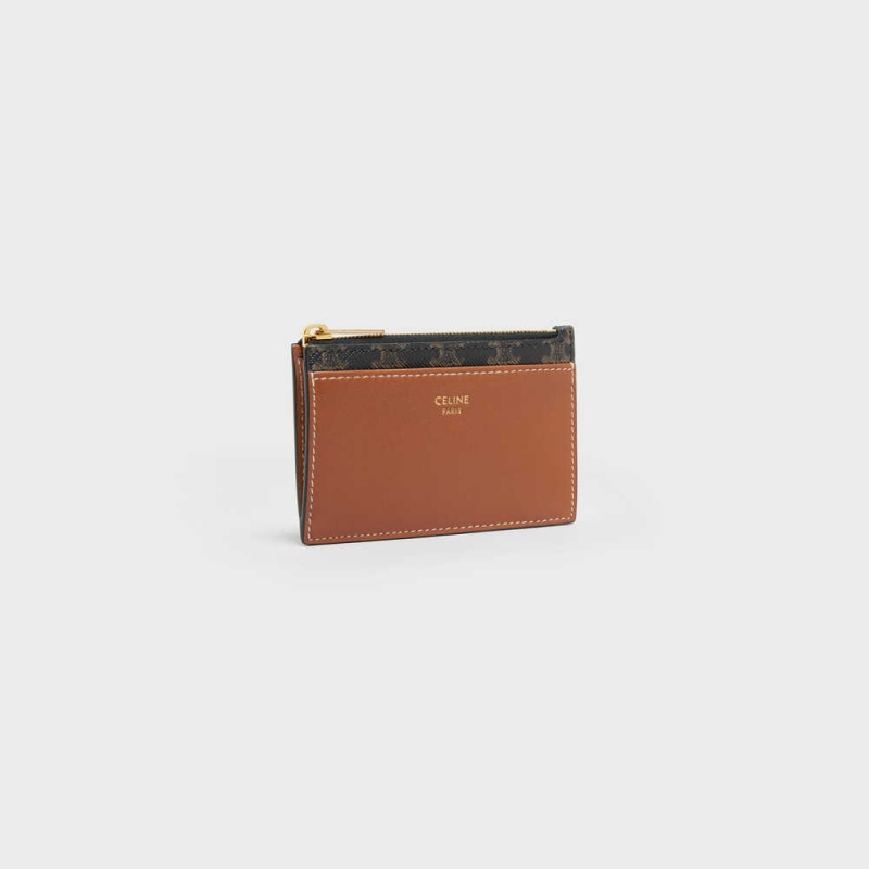 Celine Zipped Triomphe Canvas and Lambskin Card Holders Tan | CL-592953