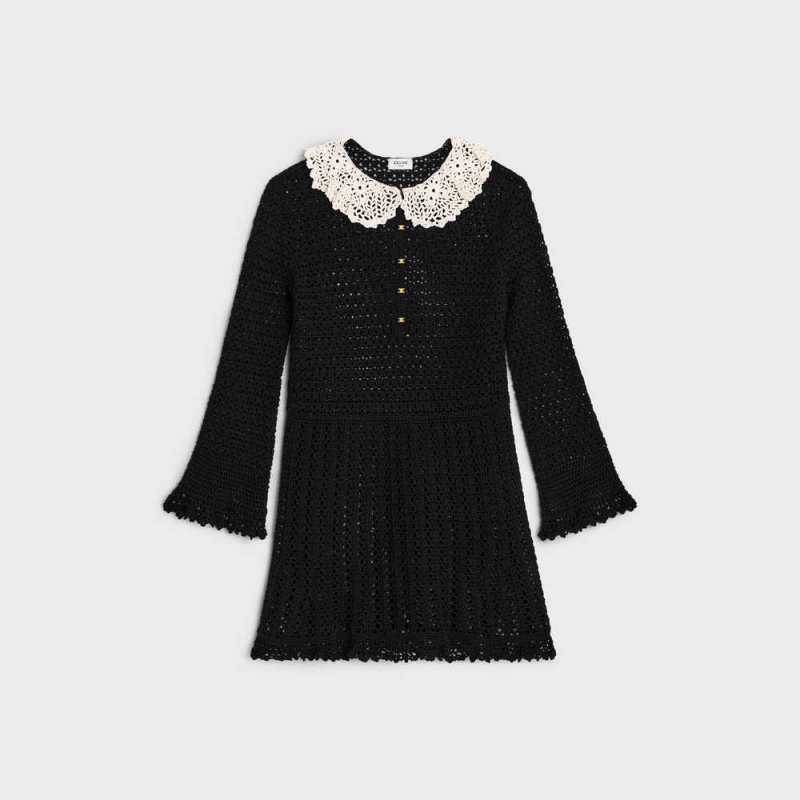 Celine babydoll mini in crocheted cotton Dresses Black/Off white | CL-592850