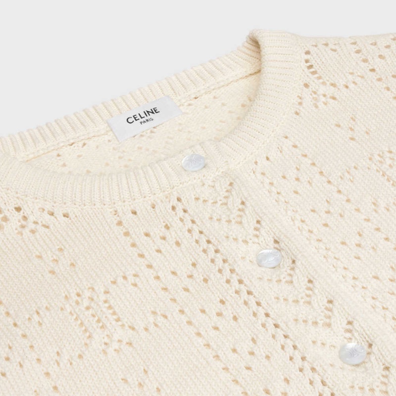 Celine cardigan in triomphe cotton pointelle Knitwear Off White | CL-592691