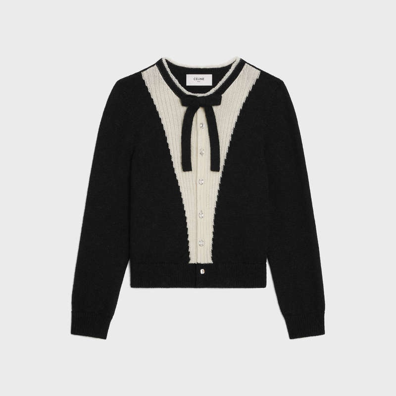 Celine cardigan with bow in alpaca Knitwear BLACK/ECRU | CL-592083