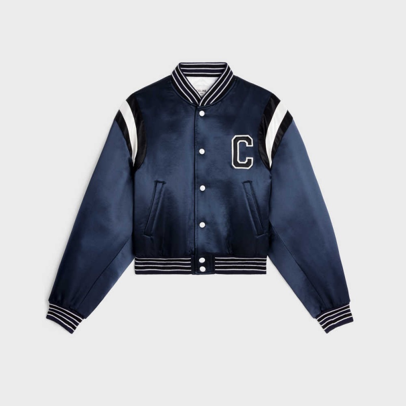 Celine cropped bomber in thick satin Jackets Navy | CL-592681