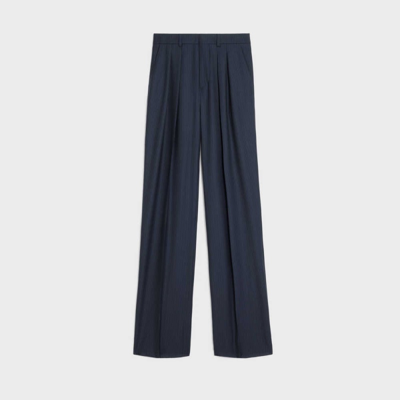 Celine double-pleated tixie in striped wool Pants NAVY/CRAIE | CL-592735