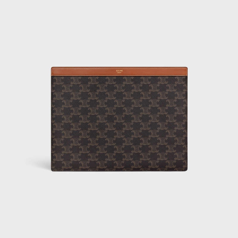 Celine ipad pro sleeve in Triomphe Canvas and Calfskin Pouch Tan | CL-591784