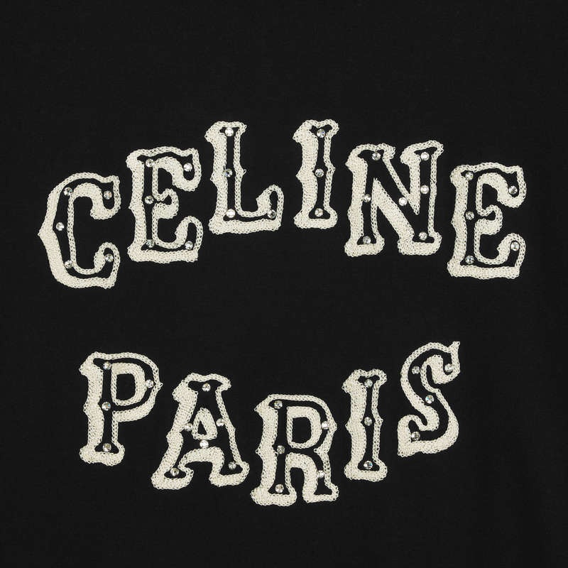 Celine loose embroidered in cotton jersey T-shirts Black/ off white/ crystal | CL-592133