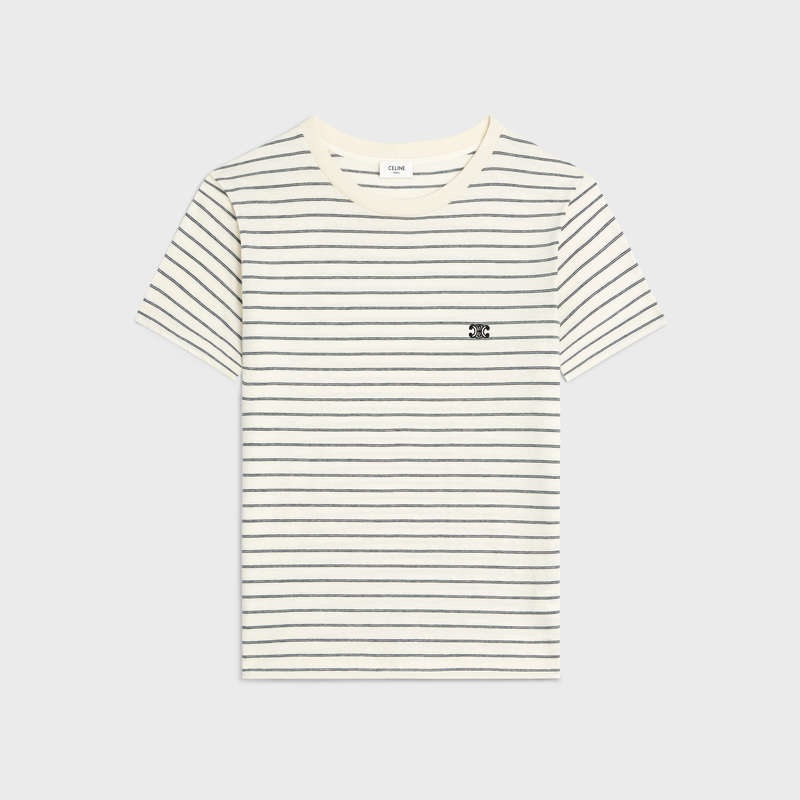 Celine regular triomphe in striped jersey T-shirts white / grey / black | CL-592128