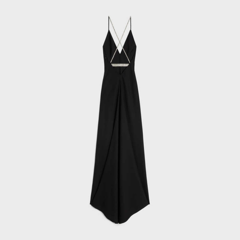 Celine slip with rhinestones in satin-lined crêpe Dresses Black | CL-592862